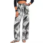 Fashion Drawstring Leaf Print Beach Pants Summer Casual Loose Wide Leg Straight Trousers Womens Clothing